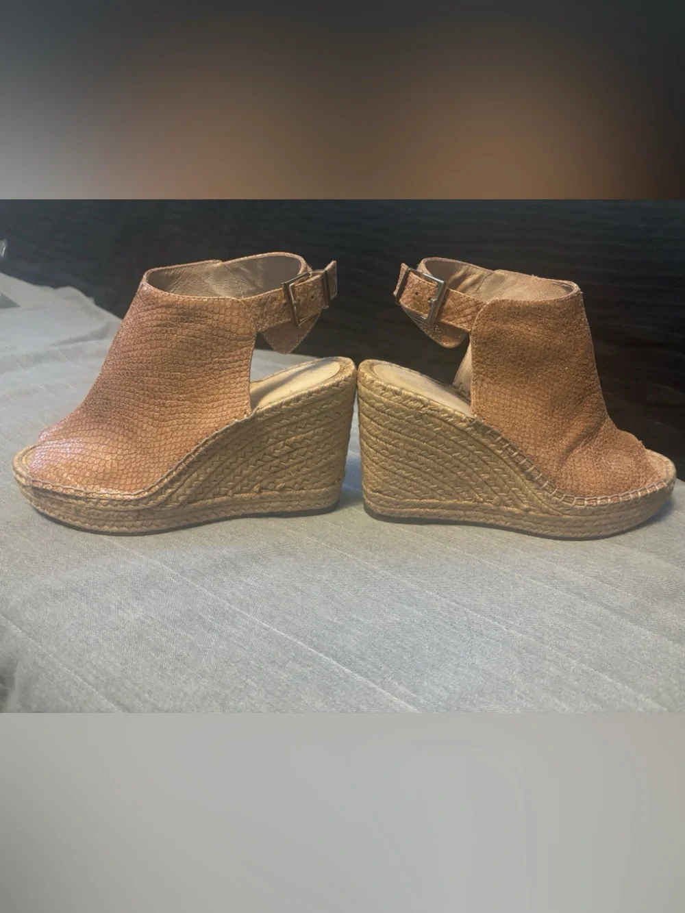 Kenneth Cole Textured Tan Espadrille Wedge Peep-Toe Sandal